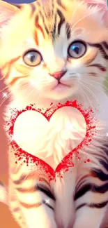 Adorable kitten with heart design wallpaper, vibrant and cute for phone screens.