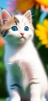 Adorable kitten with blue eyes in a vibrant flower garden.