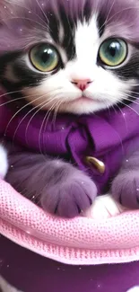 Adorable kitten wrapped in purple blanket.