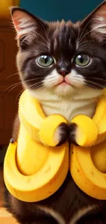 Cute kitten wearing a banana costume, perfect for mobile wallpaper.