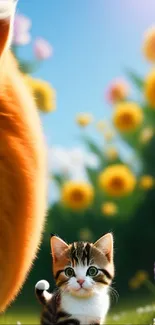 Adorable kitten with sunflowers and a ball in a vibrant garden.