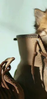 Playful kitten peeking out of a brown boot.