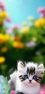 A cute kitten sits among colorful flowers in a vibrant garden.