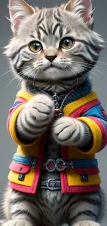 Adorable striped kitten in a colorful jacket.