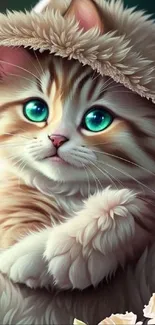 Adorable fluffy kitten with blue eyes wearing a cozy fur hat.