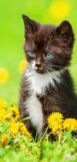 Cute kitten sitting among yellow dandelions in a lush green field.