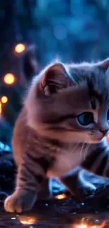 Adorable kitten in a glowing enchanted forest setting.