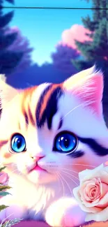 Cute blue-eyed kitten in enchanted forest wallpaper.