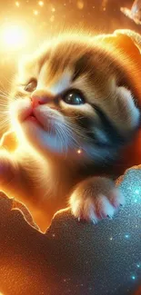 Adorable kitten in glowing fantasy egg.