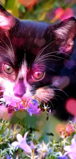 Cute kitten sniffs flowers in a colorful garden wallpaper.