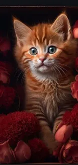 Ginger kitten surrounded by red flowers in a box.