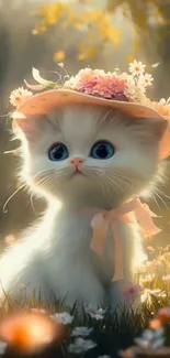 Adorable kitten wearing a floral hat in nature.