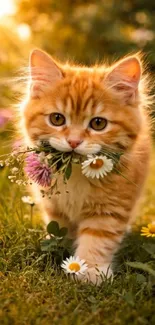 Adorable ginger kitten with flowers in mouth in sunlit meadow.