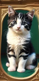 Adorable black and white kitten in golden frame with a green backdrop.