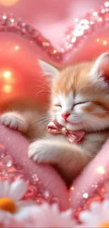 Adorable orange tabby kitten in a pink heart setting with flowers.