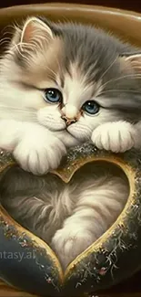 A fluffy kitten peeks from a heart-shaped cup in this adorable wallpaper.