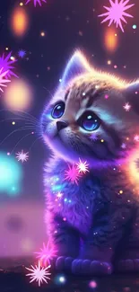 Cute kitten with a magical glowing background.