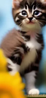 Adorable kitten with sunflowers in the background under a bright blue sky.