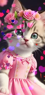 Kitten wearing pink dress with flower crown; mobile wallpaper for cat lovers.