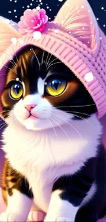 Adorable kitten with pink knitted hat and flower accessory.