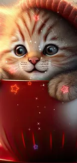 Adorable kitten peeking from a red cup, adding warmth to your phone screen.