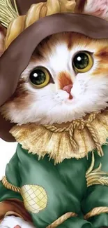 Adorable kitten in scarecrow costume wallpaper.