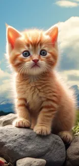 Ginger kitten sitting on rocks with mountain background.