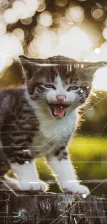 Adorable kitten standing on a stump in sunlit garden background.