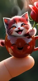 Cute kitten in a teacup with a red rose.