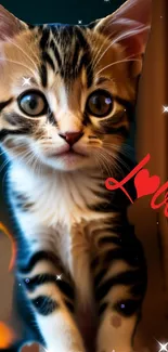 Adorable tabby kitten with love text.