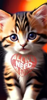 Adorable kitten with blue eyes and heart-shaped collar on a vibrant background.