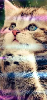 Fluffy tabby kitten with big eyes on a blurred background.