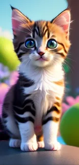 Adorable kitten with big eyes and colorful flowers mobile wallpaper.