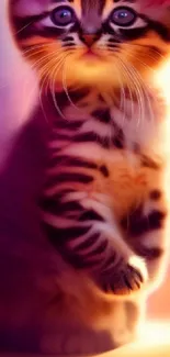 Charming tabby kitten in a dreamy purple glow, perfect for mobile wallpaper.