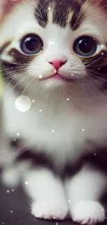 Adorable kitten with big eyes and fluffy paws on a phone wallpaper.