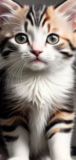 Adorable tabby kitten with vivid colors staring curiously against a neutral background.