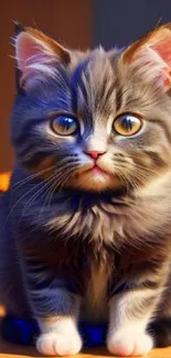 Adorable tabby kitten with fluffy fur and bright eyes.