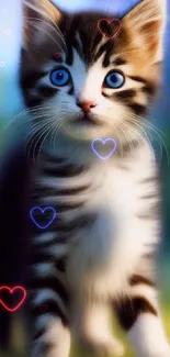 Adorable kitten with bright blue eyes and a soft focus background.