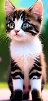 Adorable tabby kitten with green eyes on a nature background.