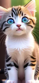 Adorable cartoon kitten with big blue eyes on a vibrant background.