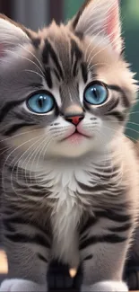 Fluffy tabby kitten with blue eyes on a phone wallpaper.