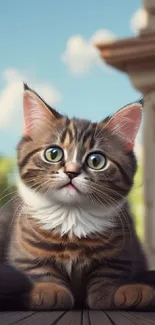 Adorable tabby kitten with green eyes sitting on a porch.