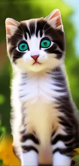 Cute kitten with green eyes in nature setting, ideal for mobile wallpaper.