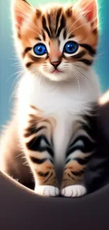 Adorable tabby kitten with blue eyes in vibrant mobile wallpaper.