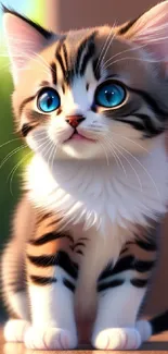 Adorable kitten with blue eyes sitting outdoors.