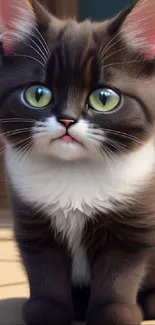 Adorable black and white kitten with green eyes, sitting indoors.