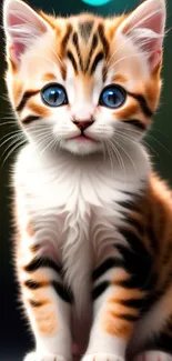 Adorable kitten with blue eyes and vibrant fur on a colorful background.