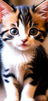 Close-up of an adorable kitten with striking blue eyes and vibrant fur.