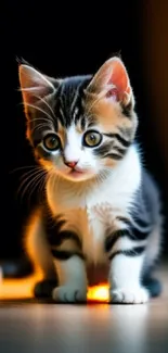 Cute kitten sitting with playful expression in mobile wallpaper image.