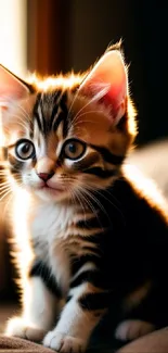 Cute tabby kitten sitting on a couch, bathed in warm sunlight.